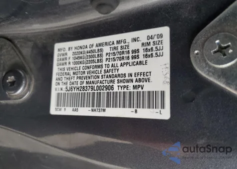 2009 Honda Element Lx из США, поврежденный, VIN 5J6YH28379L002906